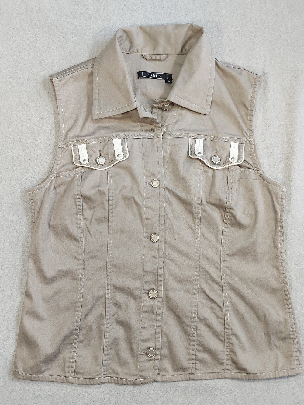 Vintage ORLY Tan Cotton Denim Utility Vest Boho Western Style, Size 10